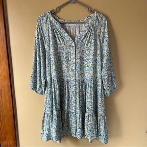 Kori Blue & Green Floral Tiered Button Dress